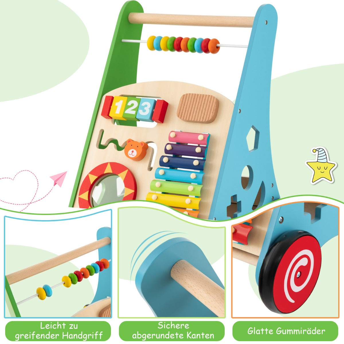 Baby – Walker gjord av trä Drag along inlärningsaktivitet – 36 x 32 x 47 cm – Färgglad