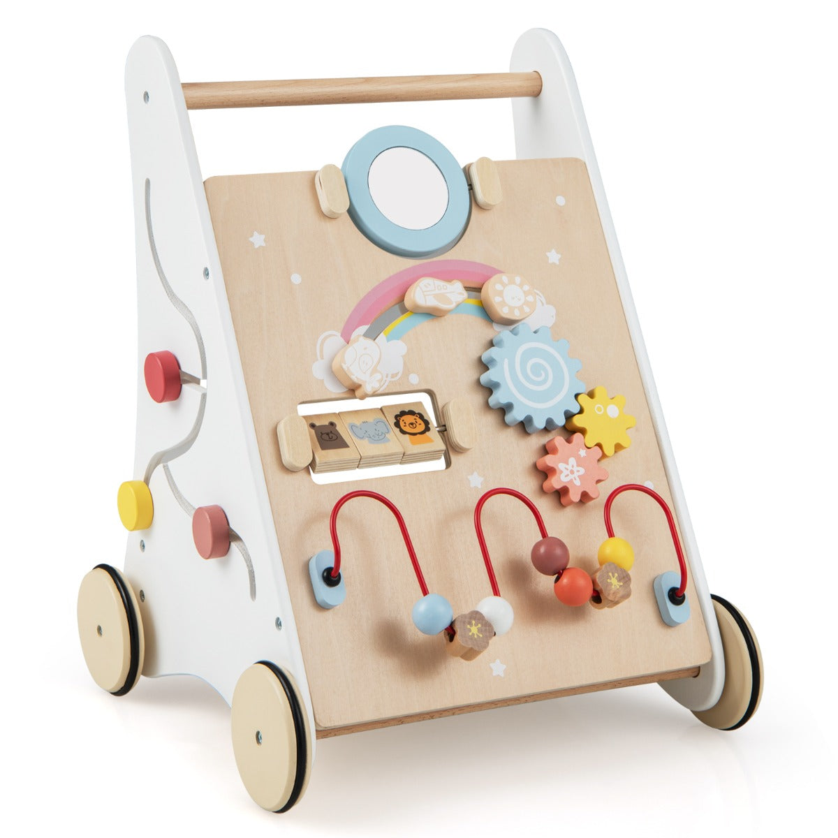 i – gåstol i trä med spelbräda och spegel byggklossar förvaringsbox babyrullator – 7 1 – Natur