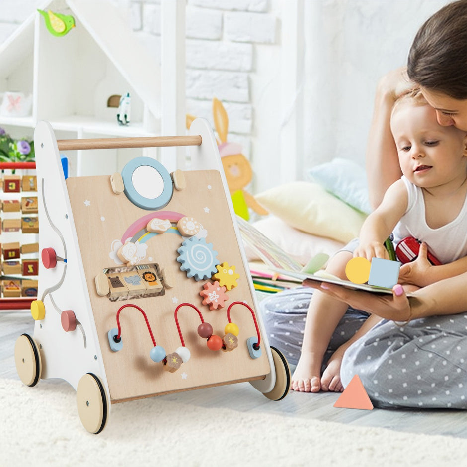 i – gåstol i trä med spelbräda och spegel byggklossar förvaringsbox babyrullator – 7 1 – Natur