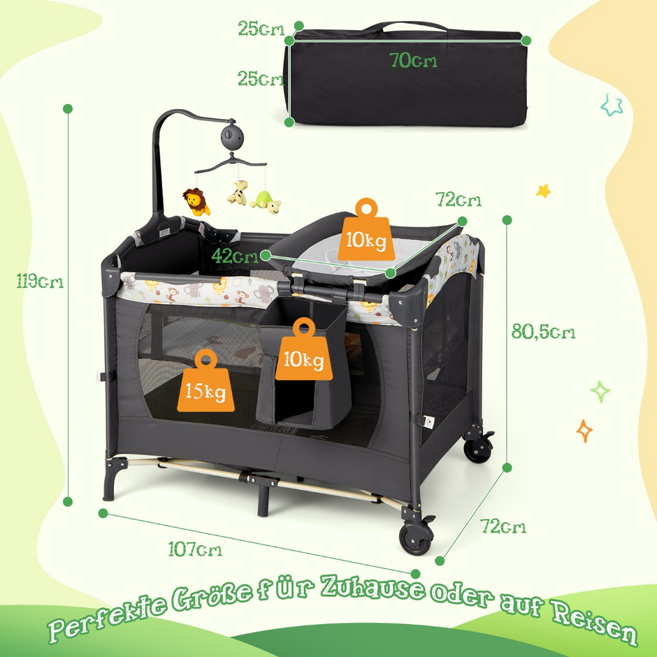 Bärbar – babylekhage i konvertibel med säng – 3 1 107 x 72 x 80,5 cm – Grå