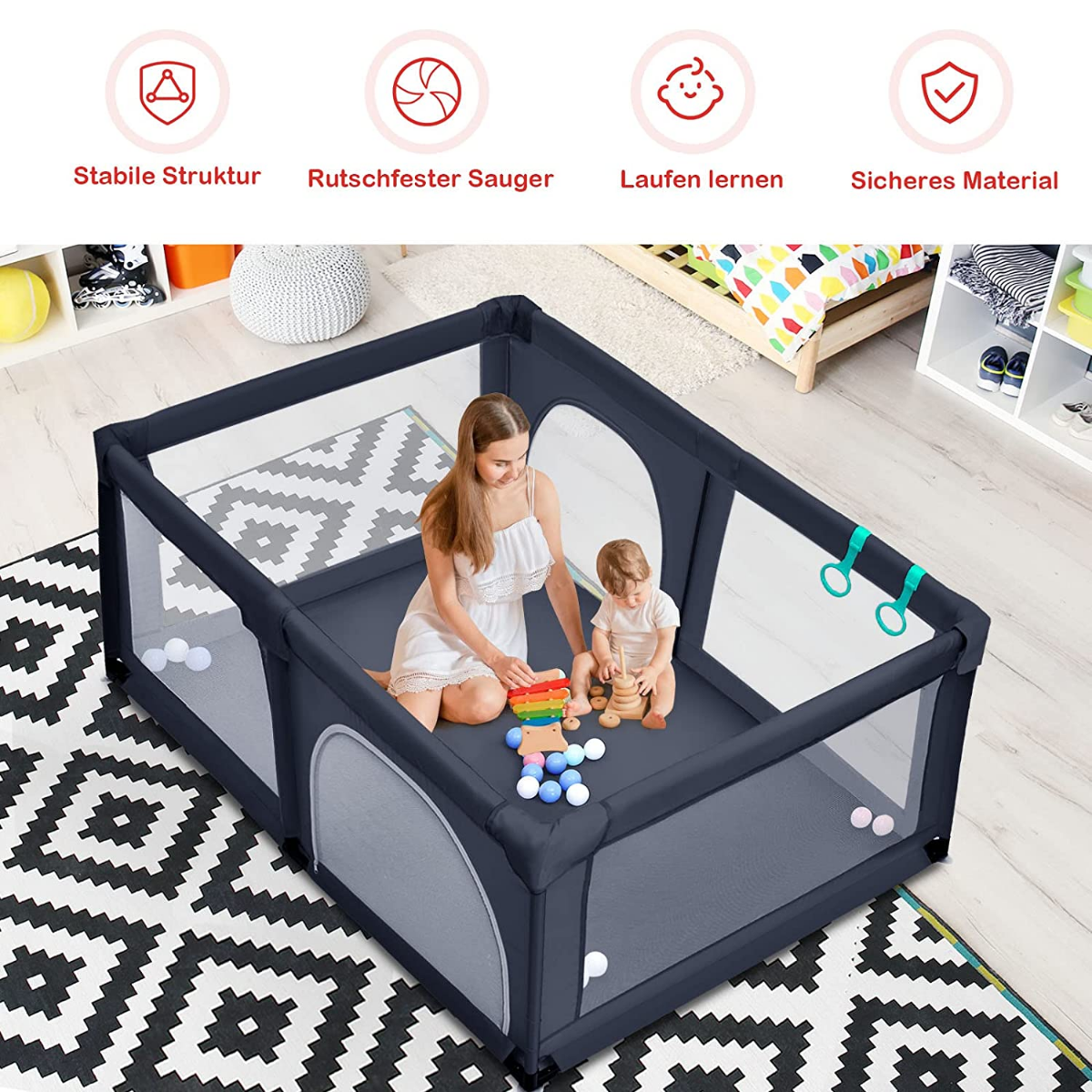 Baby – lekhage med lekkulor nät och dragkedja – 50 120 x 190 cm – Mörkgrå