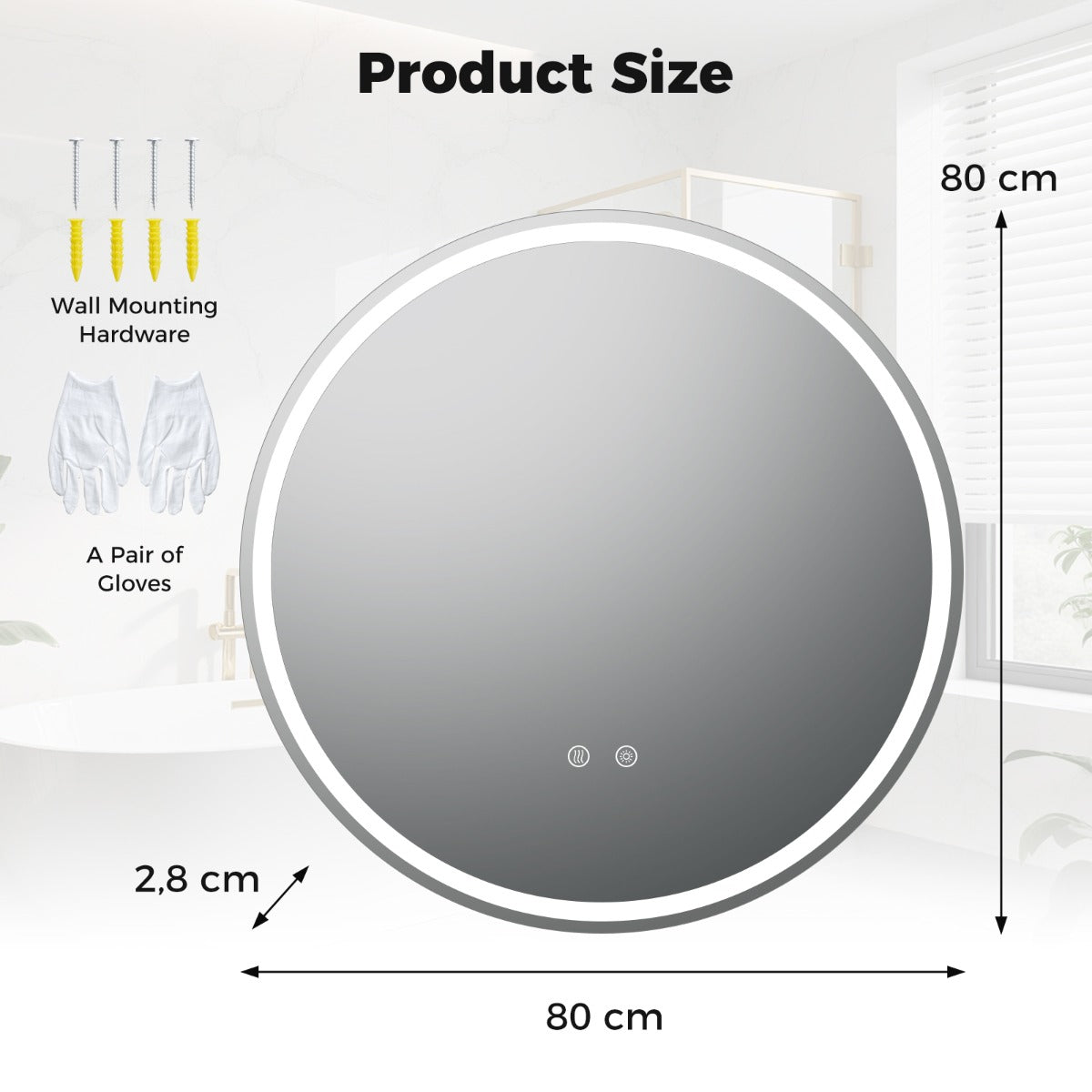 Rund – LED belyst Spegel med Justerbart Ljusstyrka och Tryckknapp – Ø 80 cm – Silver