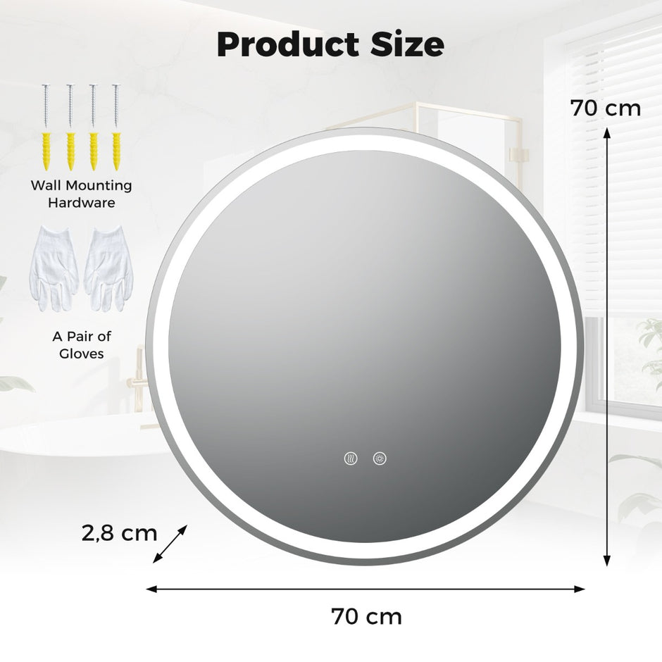 Rund – LED belyst spegel med justerbar ljusstyrka – 70 cm – Silver
