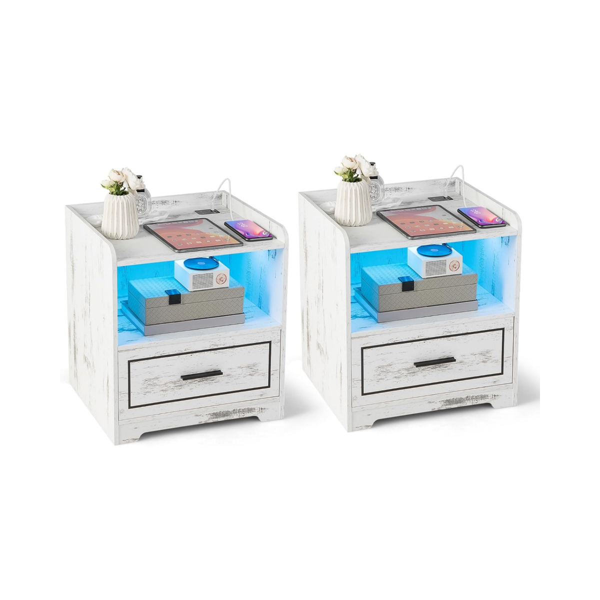 Set – med sängbord LED ljus, USB port och typ C laddstation, nattduksbord rörelsesensor – 2 – Vit