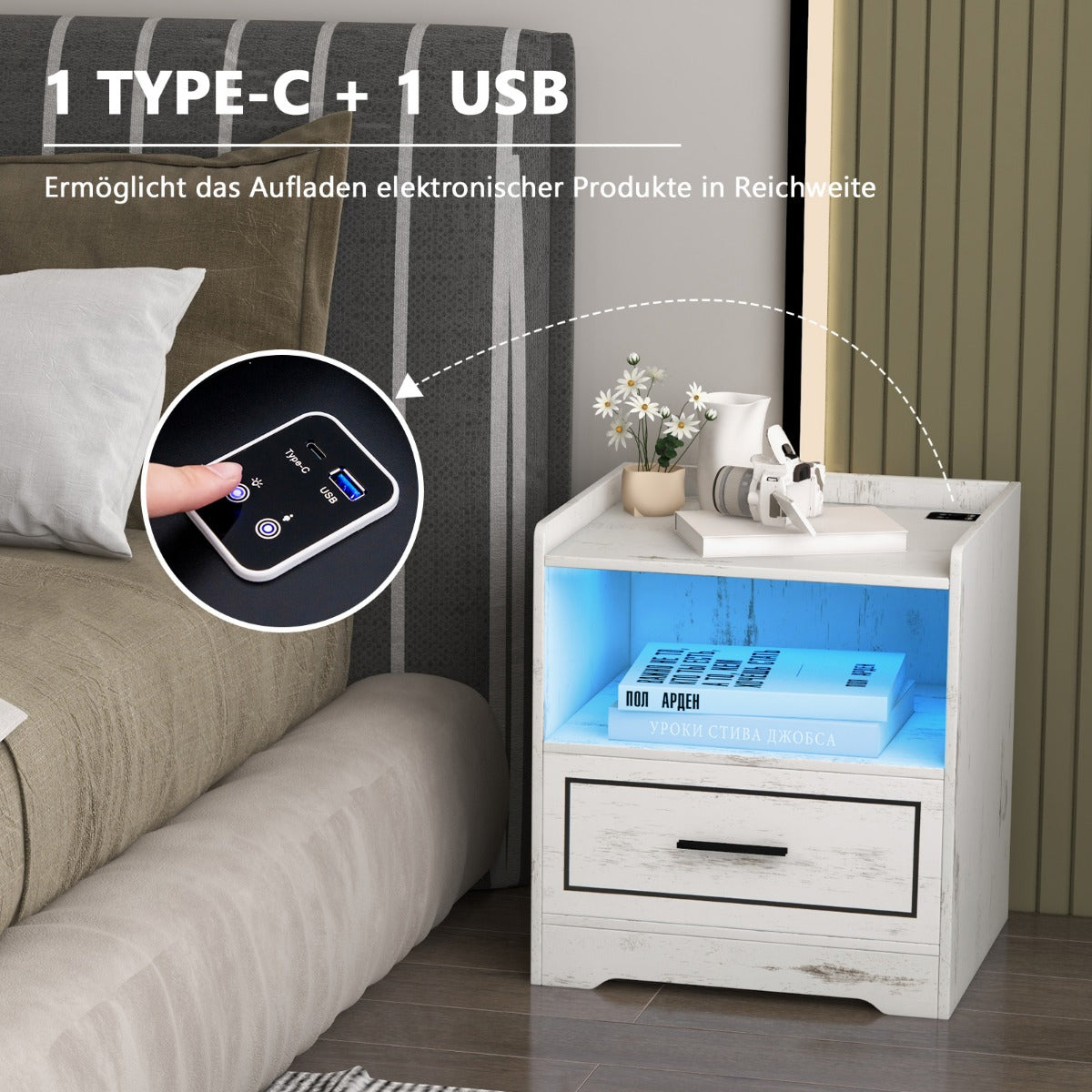 Set – med sängbord LED ljus, USB port och typ C laddstation, nattduksbord rörelsesensor – 2 – Vit