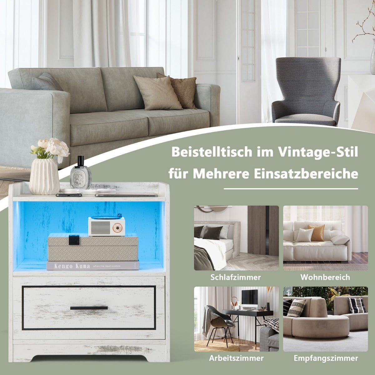 Set – med sängbord LED ljus, USB port och typ C laddstation, nattduksbord rörelsesensor – 2 – Vit