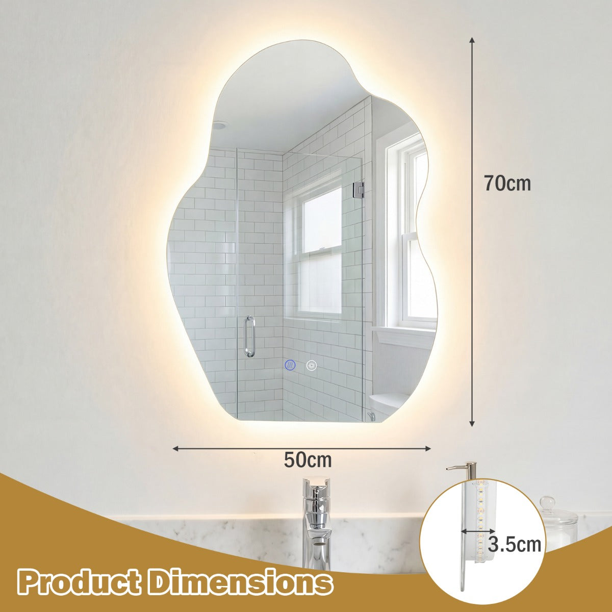 Oregelbunden – badrumsspegel med LED belysning och imma säker minnesfunktion, väggspegel cm. – 70 x 50 – Silver