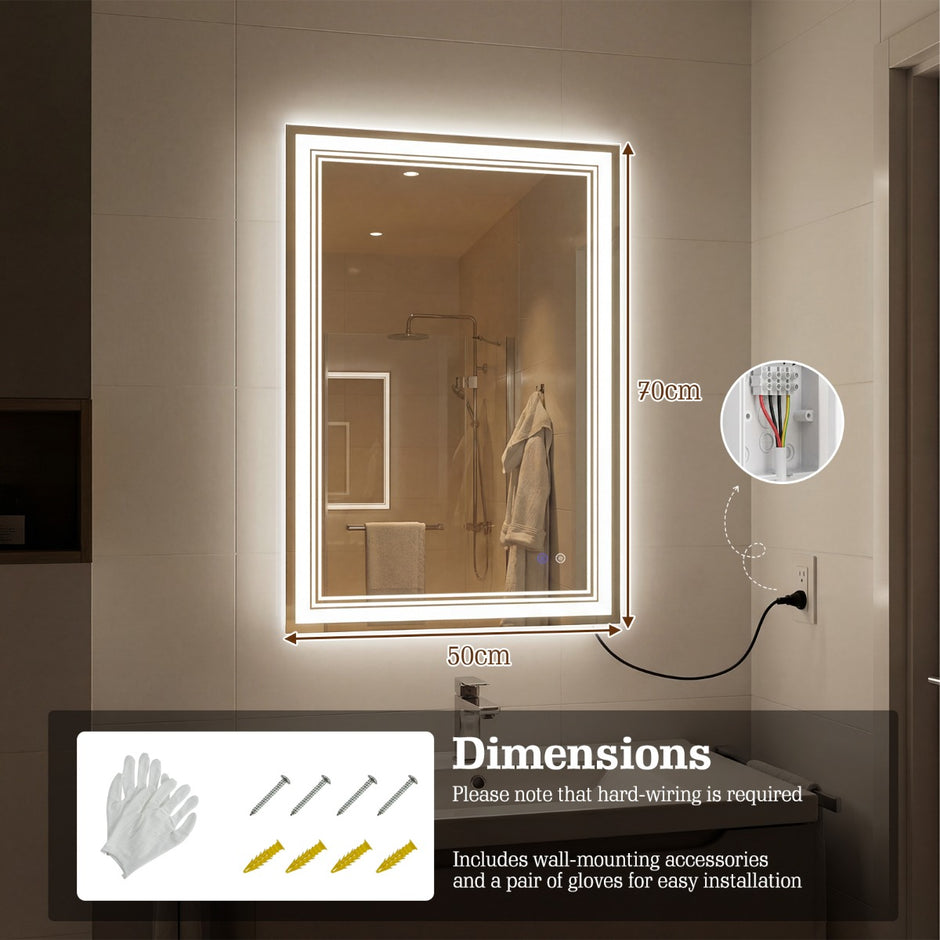 Rektangulär – badrumsspegel med LED belysning och imma säker minnesfunktion, väggspegel cm. – 70 x 50 – Silver