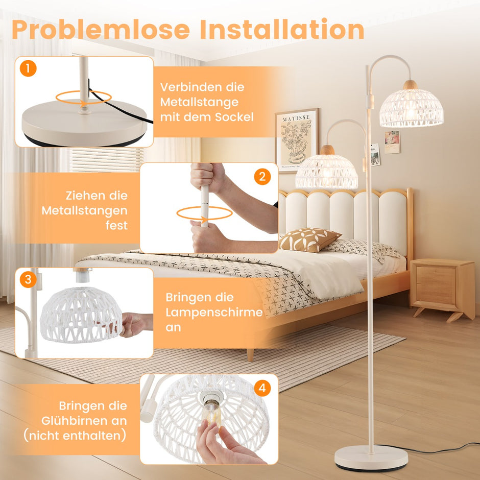 Golvlampa – med lampor och fotkontakt 350° roterande trädlampa vävda lampskärmar – 2 – Vit