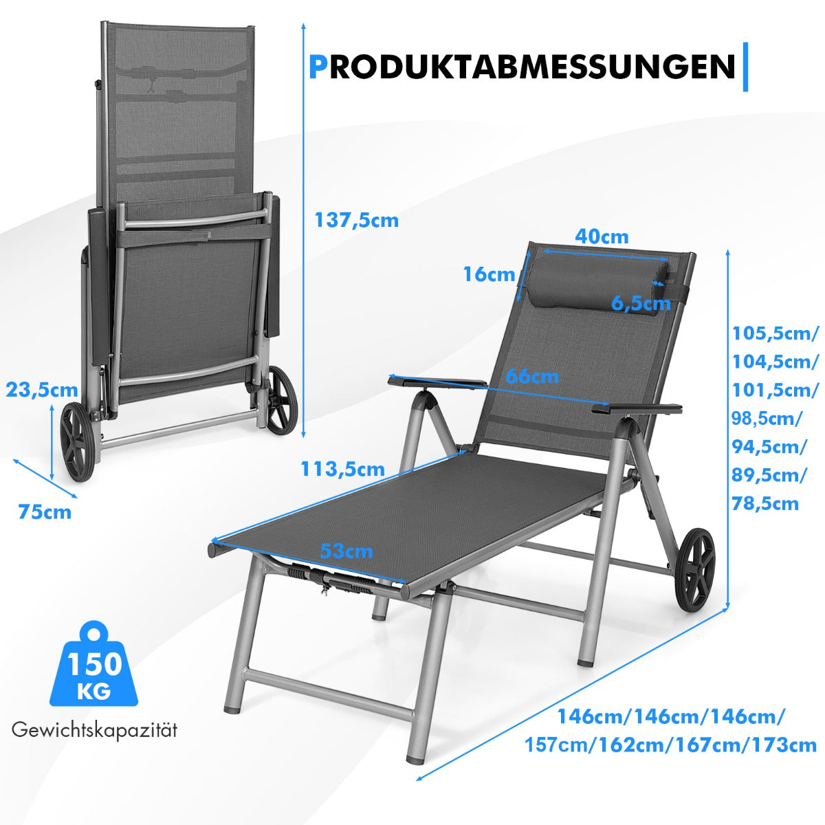 Solstol – i aluminium med hjul Fällbar – 137,5 x 75 x 23,5 cm – Grå