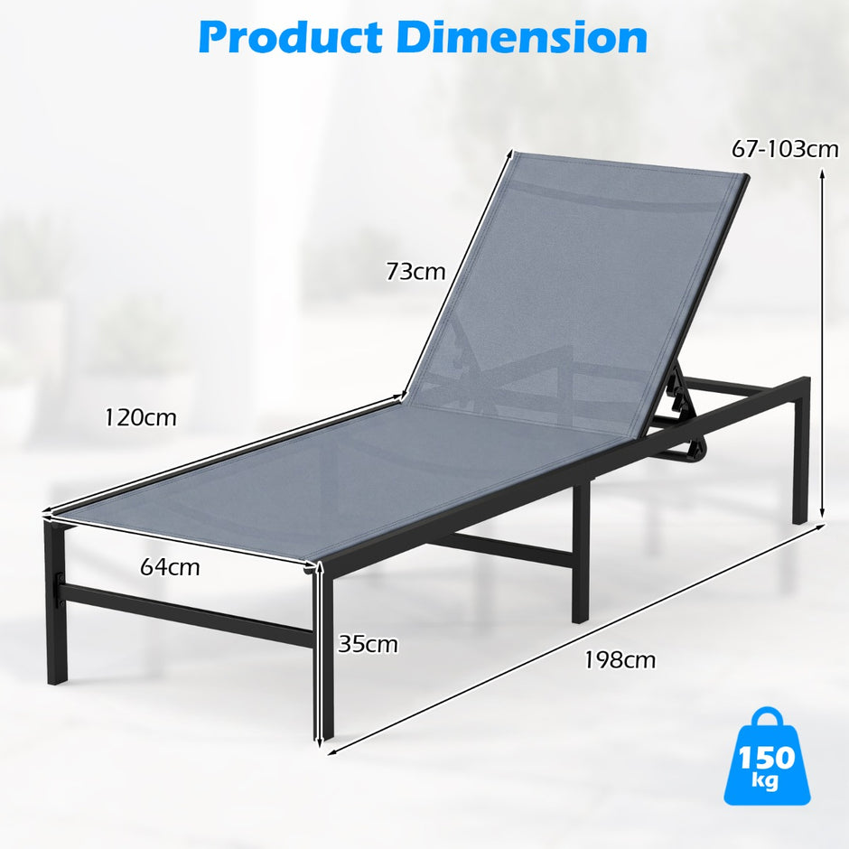 Solstol – för utomhus Justerbar liggstol – 64 x 198 x 67-103 cm – Grå