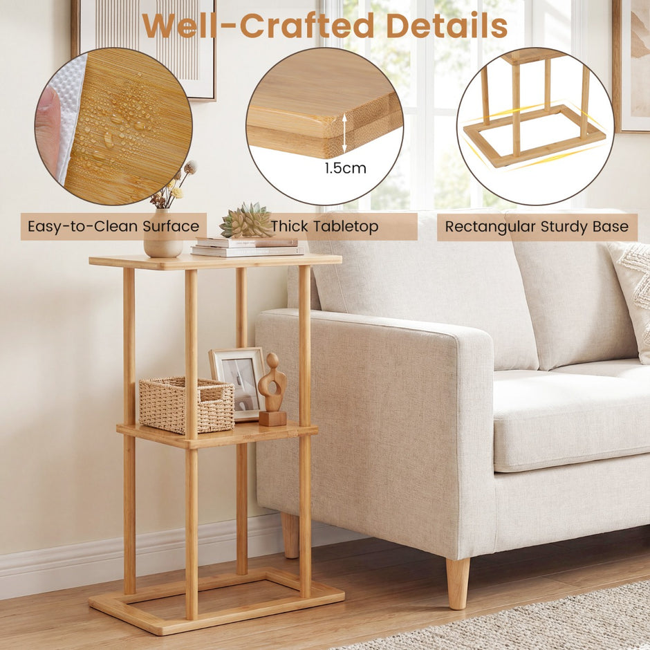 pack – bambus sidobord med förvaringshyllor, rektangulärt sofabord, soffbord – 2 – Natur