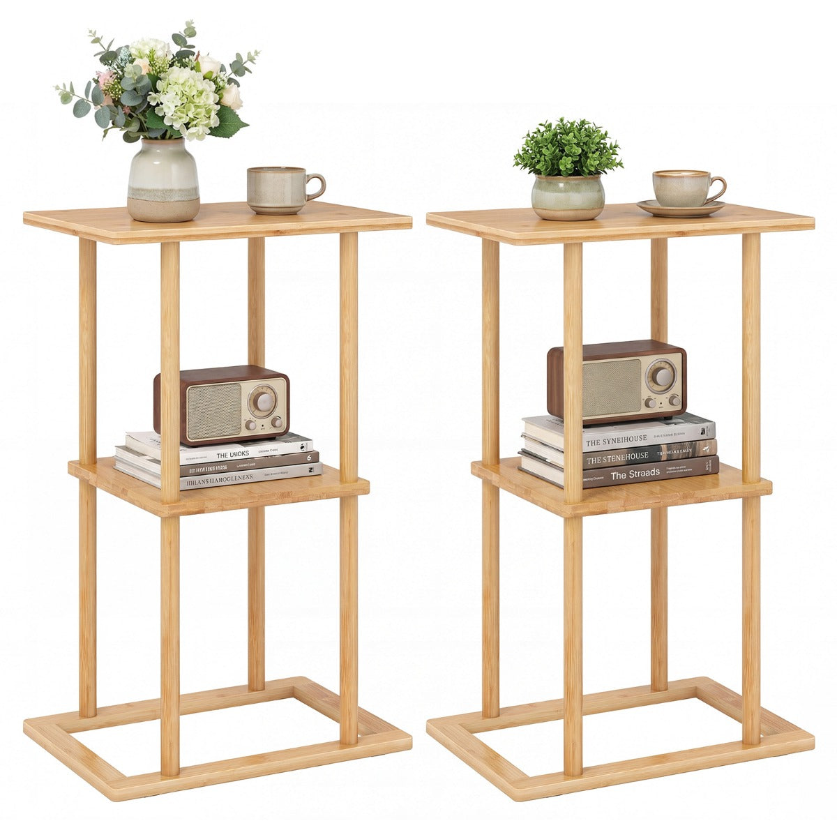 pack – bambus sidobord med förvaringshyllor, rektangulärt sofabord, soffbord – 2 – Natur