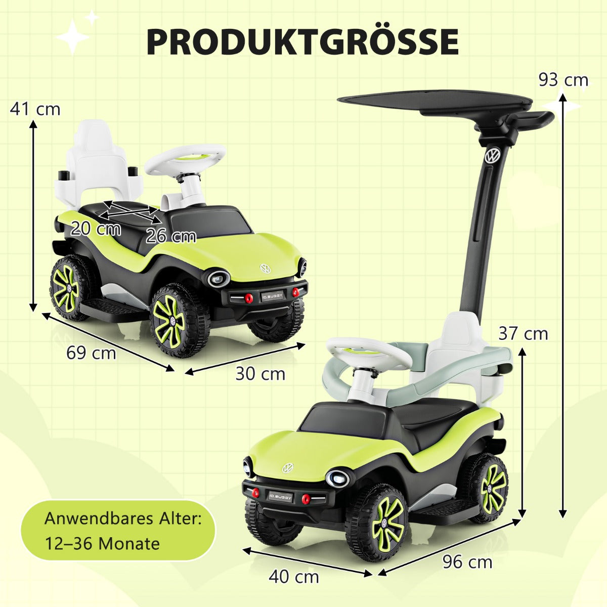 Licensierad – i åkbil från Volkswagen Barnbil med trevägsjusterbart körhandtag – 3 1 96 x 40 x 93 – Grön