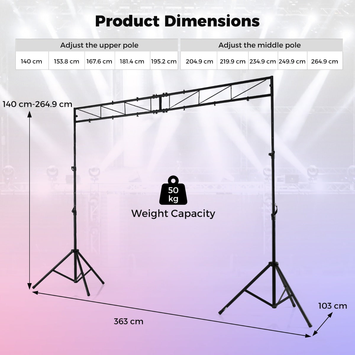 Långt – lightstativ med tvärarm, höjdbart DJ lampstativ – 140-265 cm 360 cm – Svart