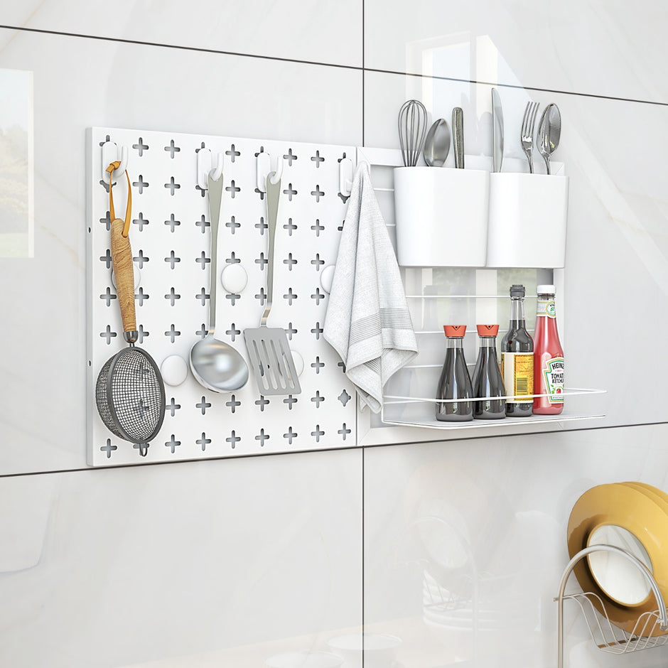 Verktygsvägg – med förvaringsbehållare och förvaringsställ magneter krokar pegboard – 2 1 5 4 – Vit
