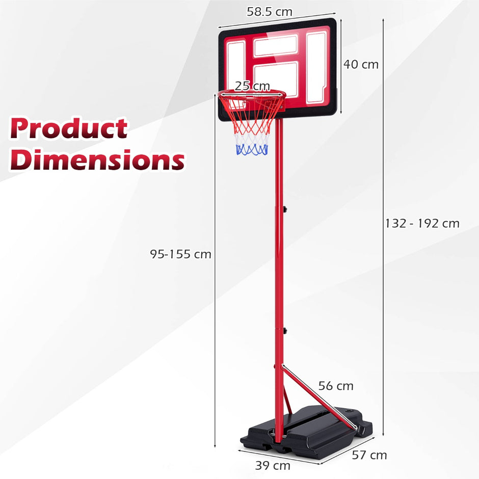 Barnbasketkorg – höjjusterbart basketställ med fyllbar sockel, rött. – 95-155 cm – Röd