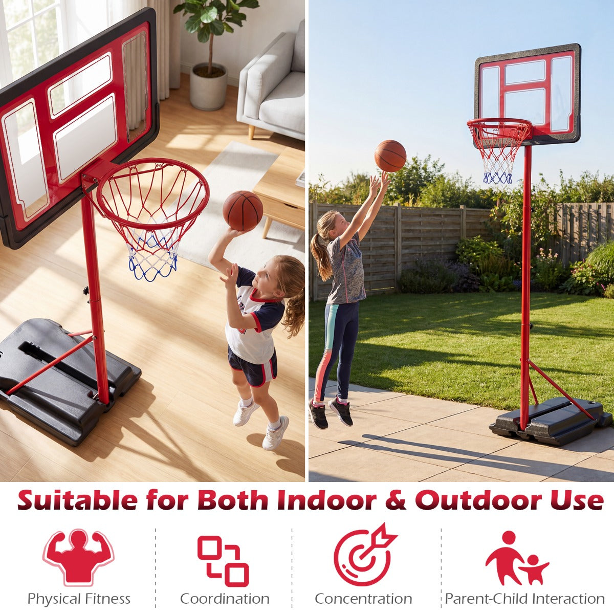 Barnbasketkorg – höjjusterbart basketställ med fyllbar sockel, rött. – 95-155 cm – Röd