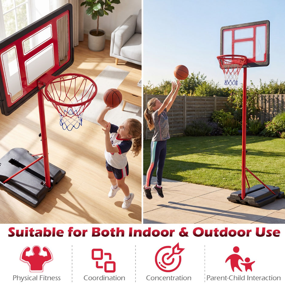 Barnbasketkorg – höjjusterbart basketställ med fyllbar sockel, rött. – 95-155 cm – Röd