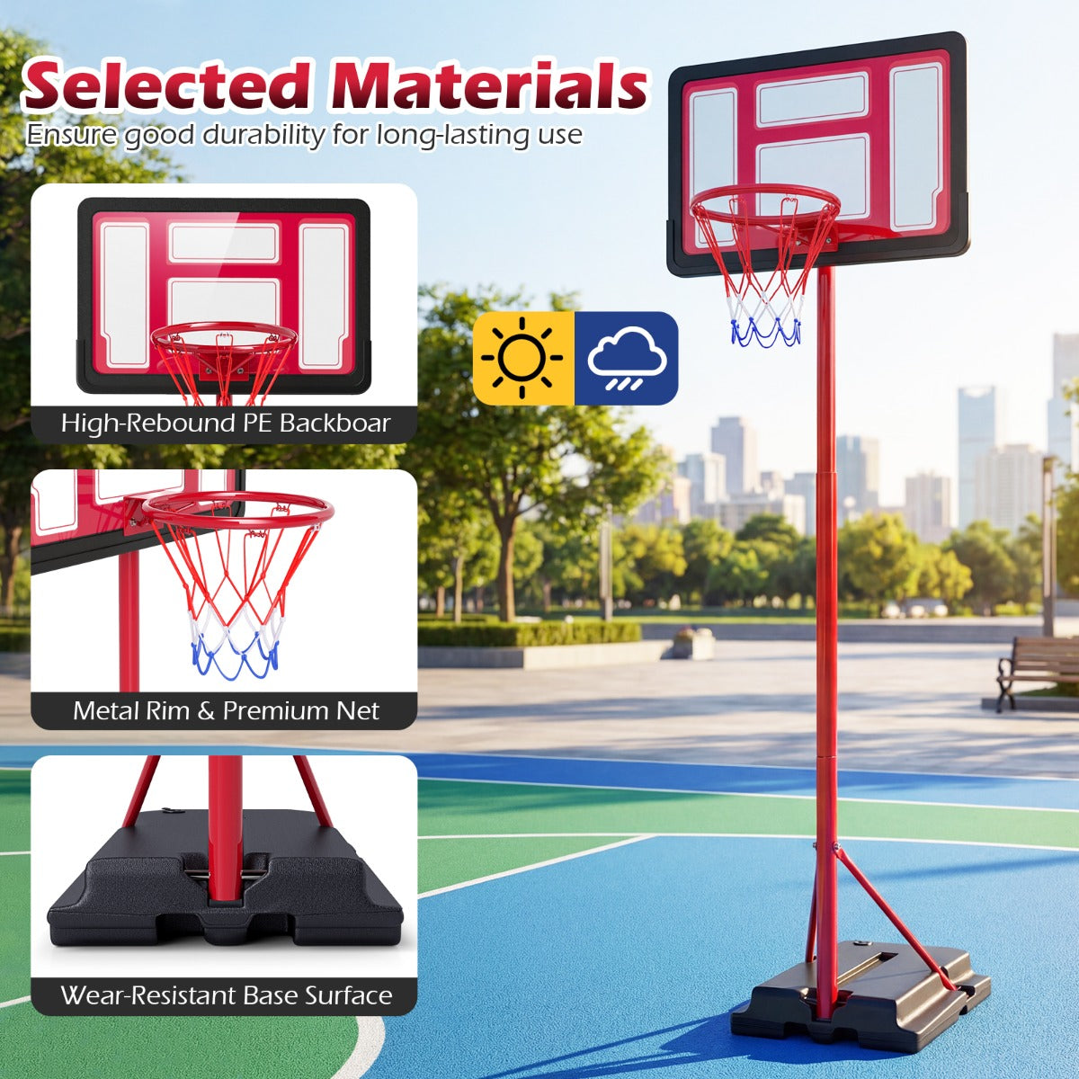 Barnbasketkorg – höjjusterbart basketställ med fyllbar sockel, rött. – 95-155 cm – Röd