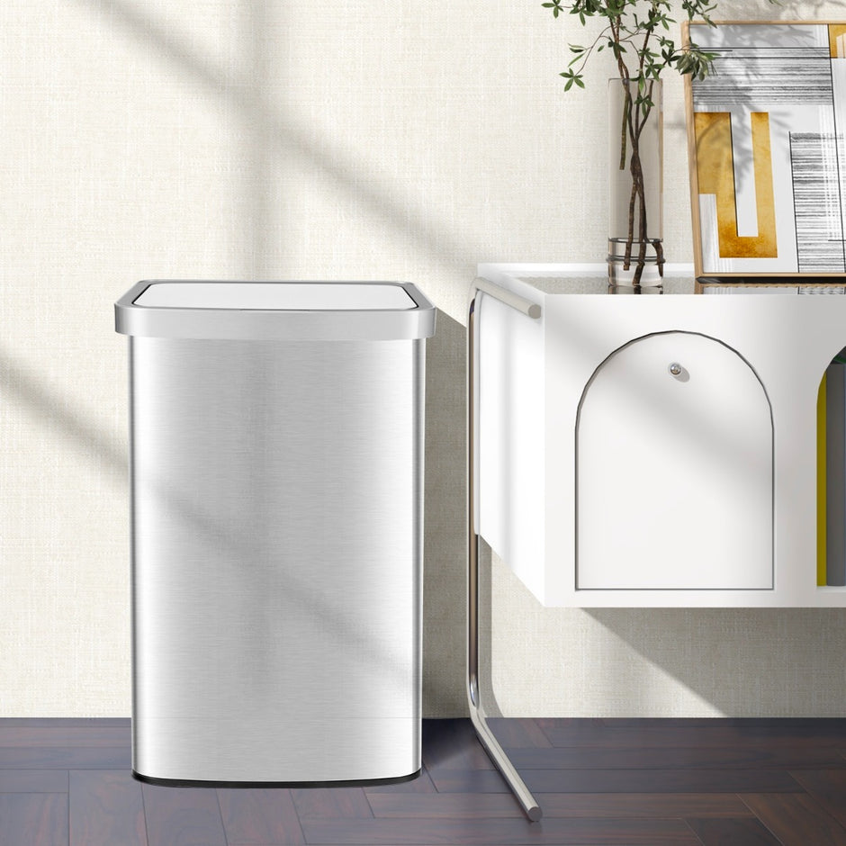 50L – papperskorg med sensor och lock Automatisk soptunna av rostfritt stål plast – Silver