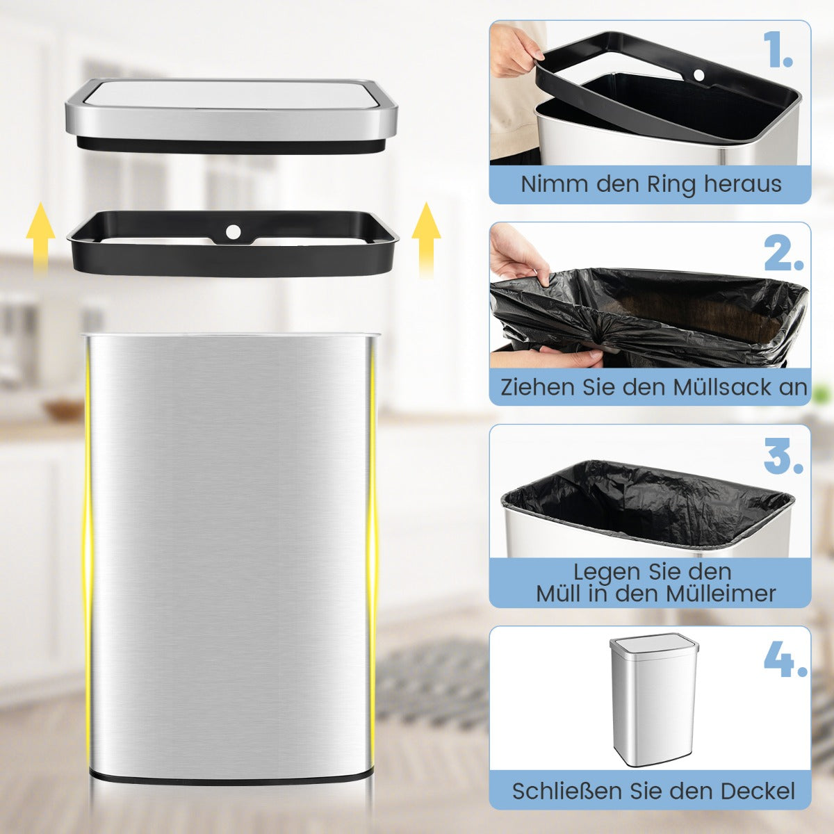 50L – papperskorg med sensor och lock Automatisk soptunna av rostfritt stål plast – Silver