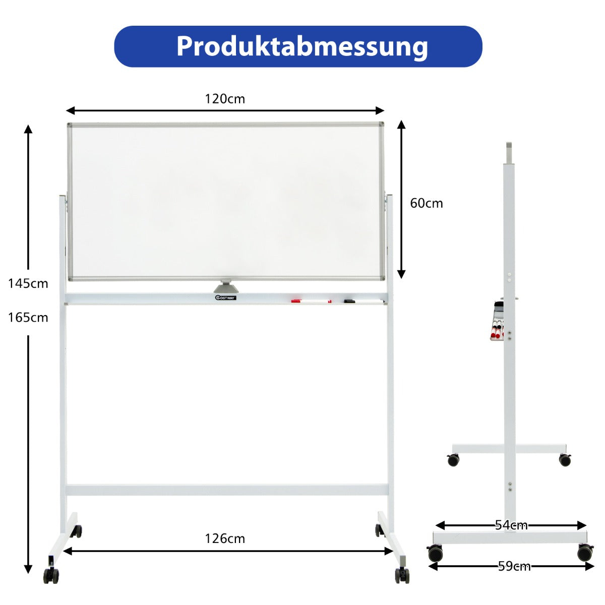 Dubbelsidig – magnetisk mobil whiteboard justerbar torrraderingstavla på hjul vita – Vit