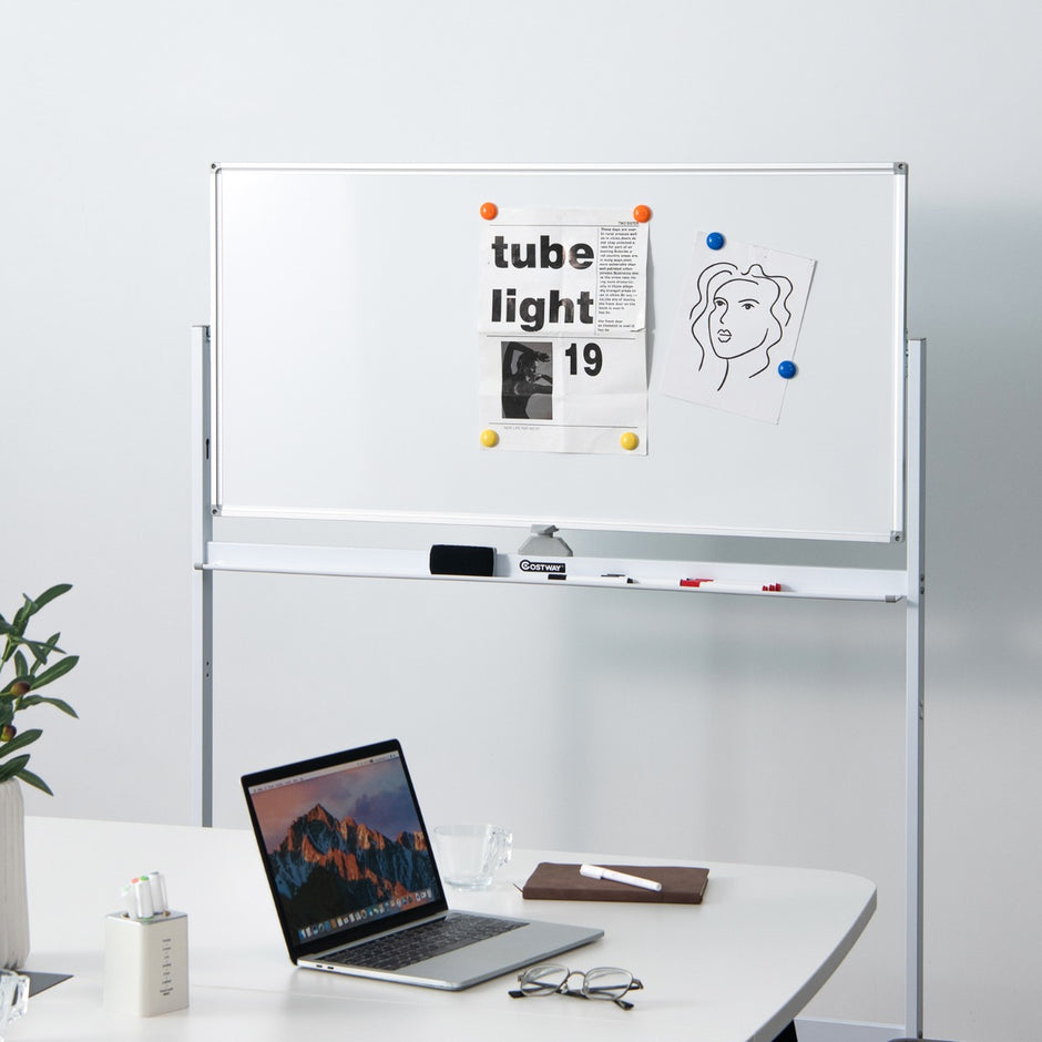Dubbelsidig – magnetisk mobil whiteboard justerbar torrraderingstavla på hjul vita – Vit
