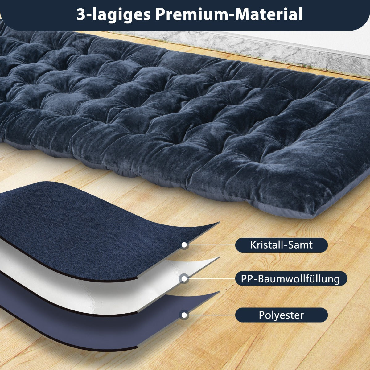 Bomull – Camp Bed Pad Tjock Madrass med fästremmar – 7 cm 4 190 x 70 cm – Blå