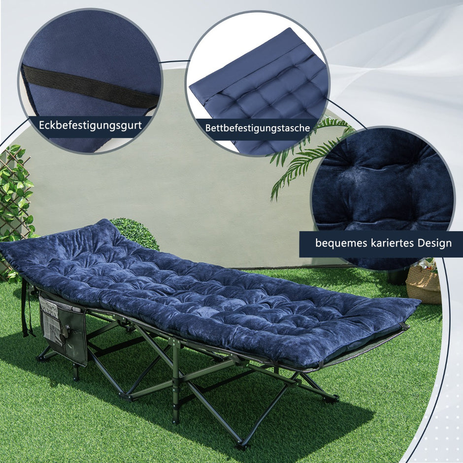Bomull – Camp Bed Pad Tjock Madrass med fästremmar – 7 cm 4 190 x 70 cm – Blå