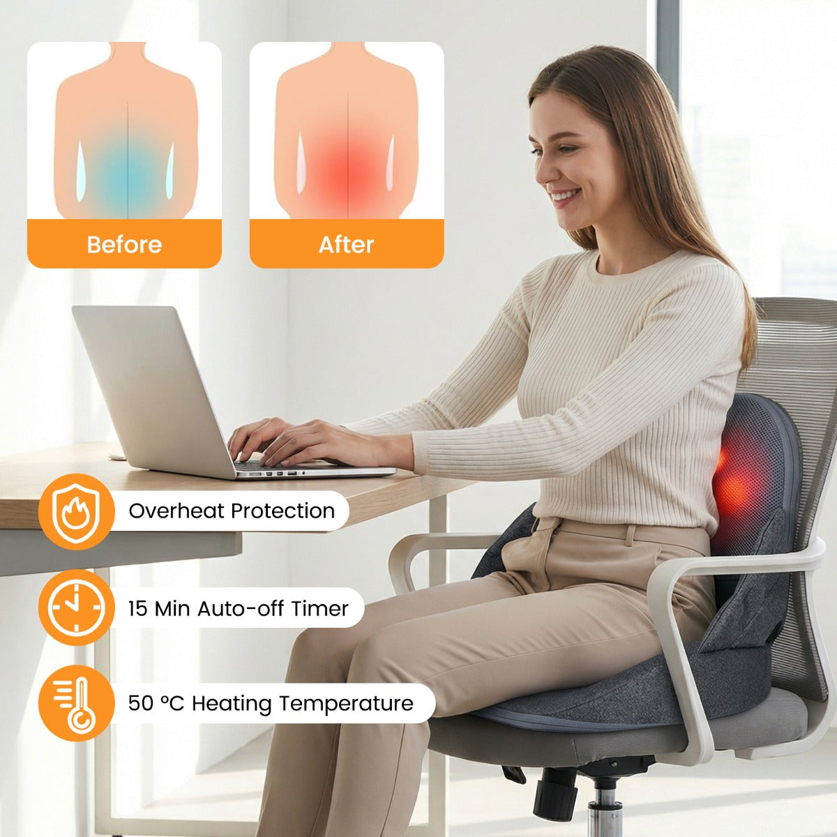 Massagekudde – för rygg med värmefunktion, hopfällbar shiatsu ergonomiskt stödkudde. – Grå