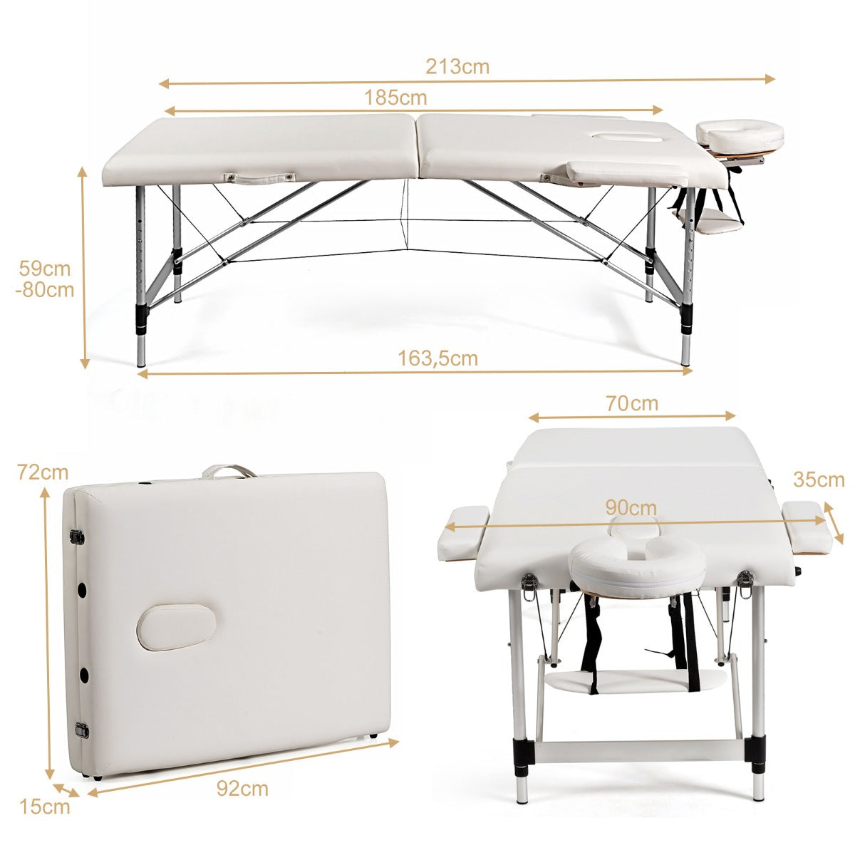 Bred – massagebänk i aluminium med bärväska faldig hopfällbar massagesäng avtagbart nackstöd och armstöd – 2 70 cm – Vit