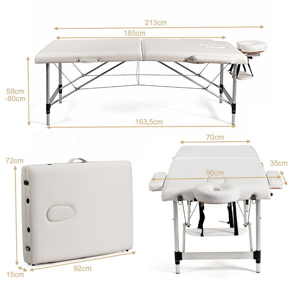 Bred – massagebänk i aluminium med bärväska faldig hopfällbar massagesäng avtagbart nackstöd och armstöd – 2 70 cm – Vit
