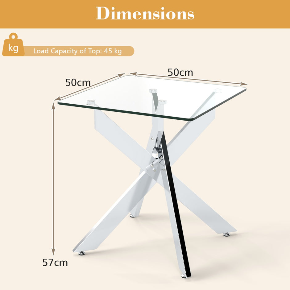 Glas – Sidobord Kvadratiskt Matbord med Härdad och X Metallstomme Modernt – Silver