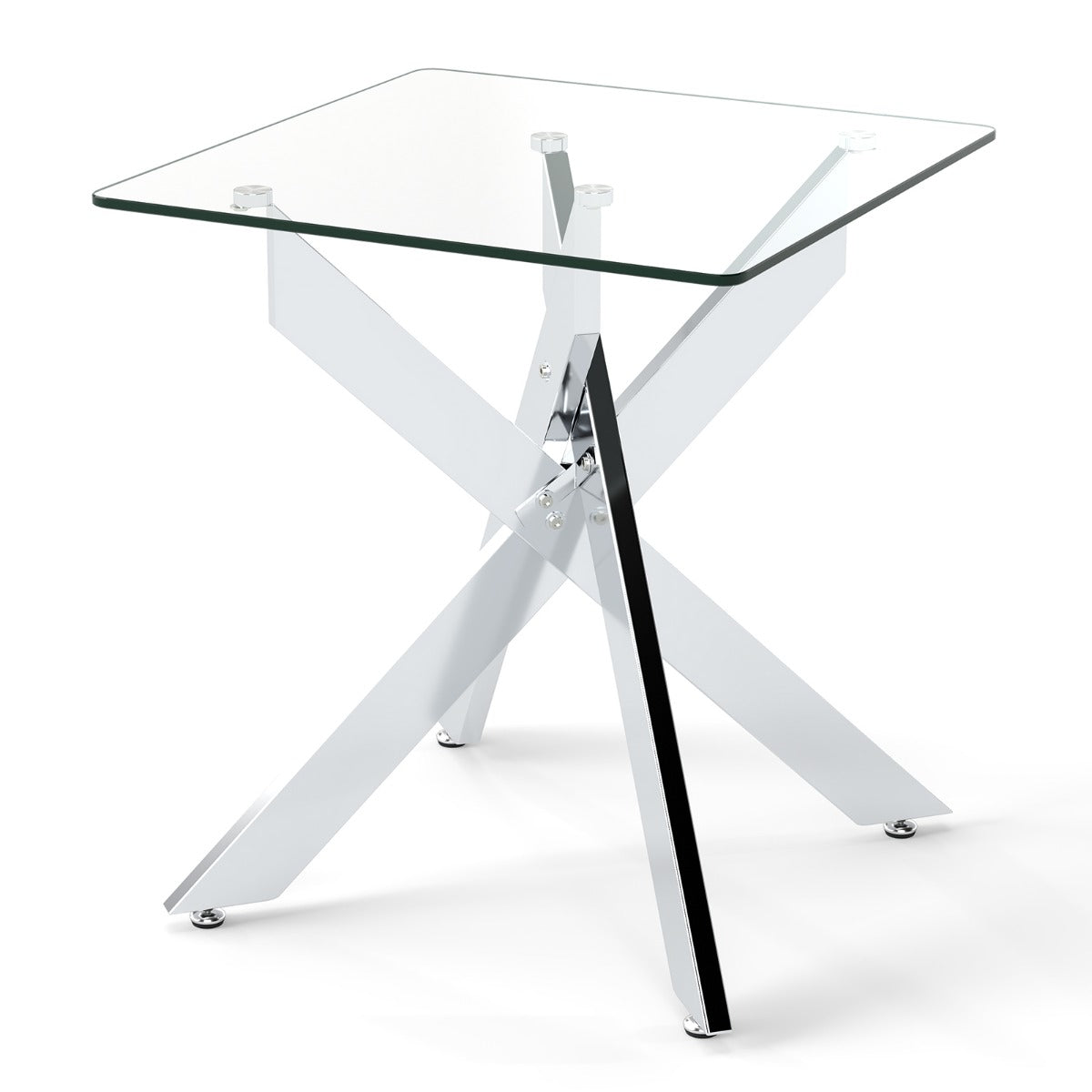 Glas – Sidobord Kvadratiskt Matbord med Härdad och X Metallstomme Modernt – Silver