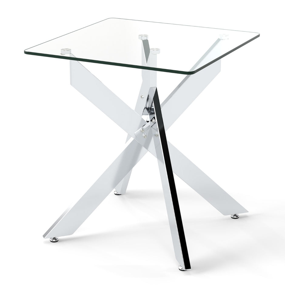 Glas – Sidobord Kvadratiskt Matbord med Härdad och X Metallstomme Modernt – Silver