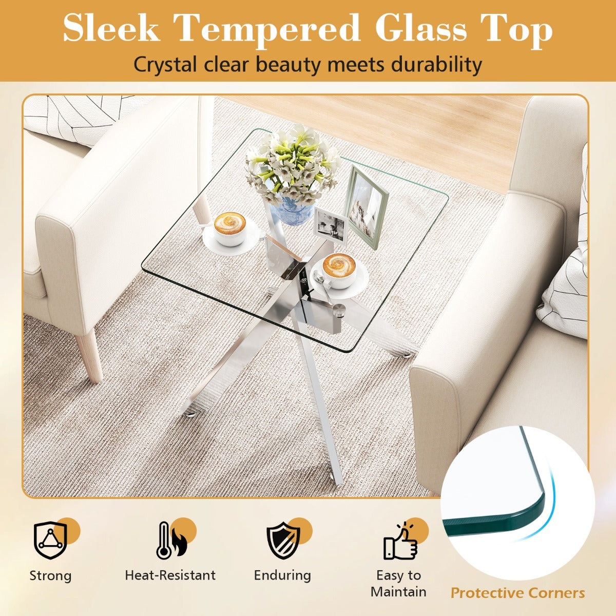 Glas – Sidobord Kvadratiskt Matbord med Härdad och X Metallstomme Modernt – Silver