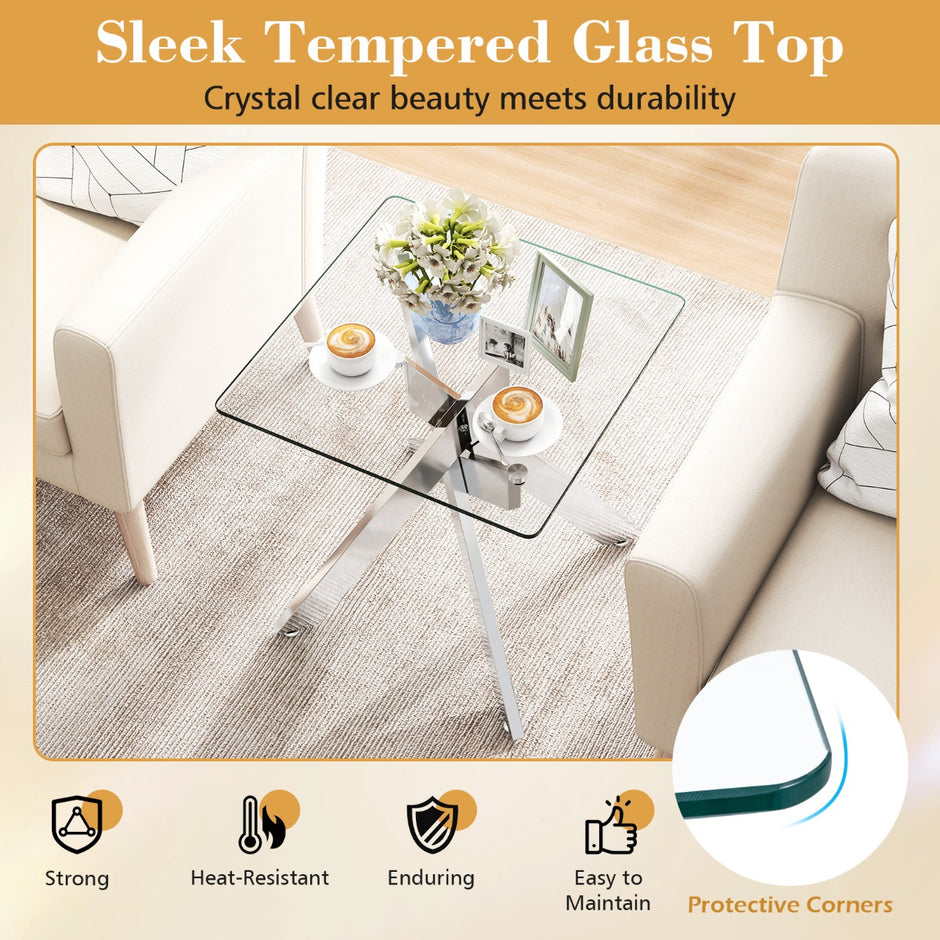 Glas – Sidobord Kvadratiskt Matbord med Härdad och X Metallstomme Modernt – Silver