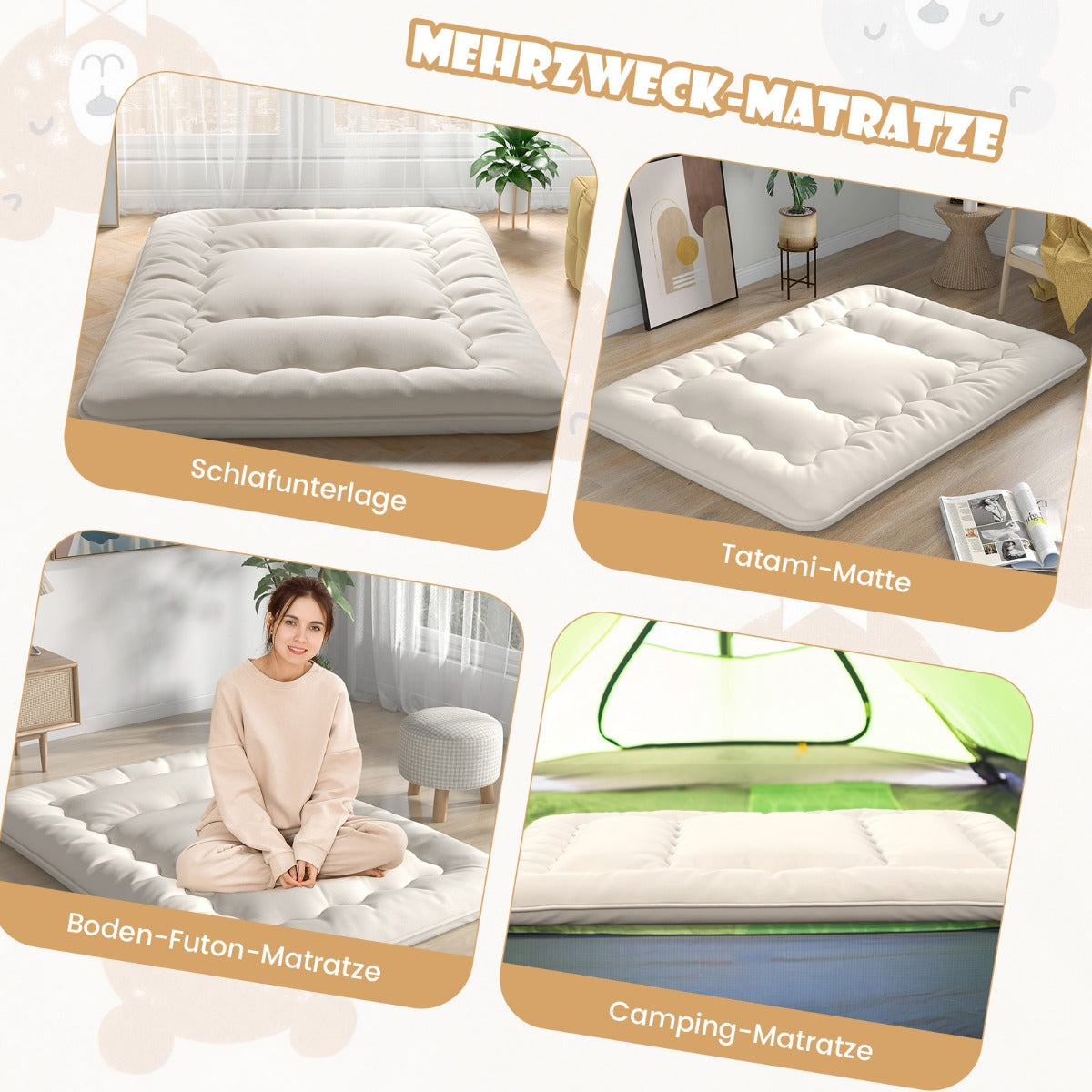 Japansk – futonmadrass Tatamimatta Golvmadrass Vikmadrass – 140 x 200 cm – Beige
