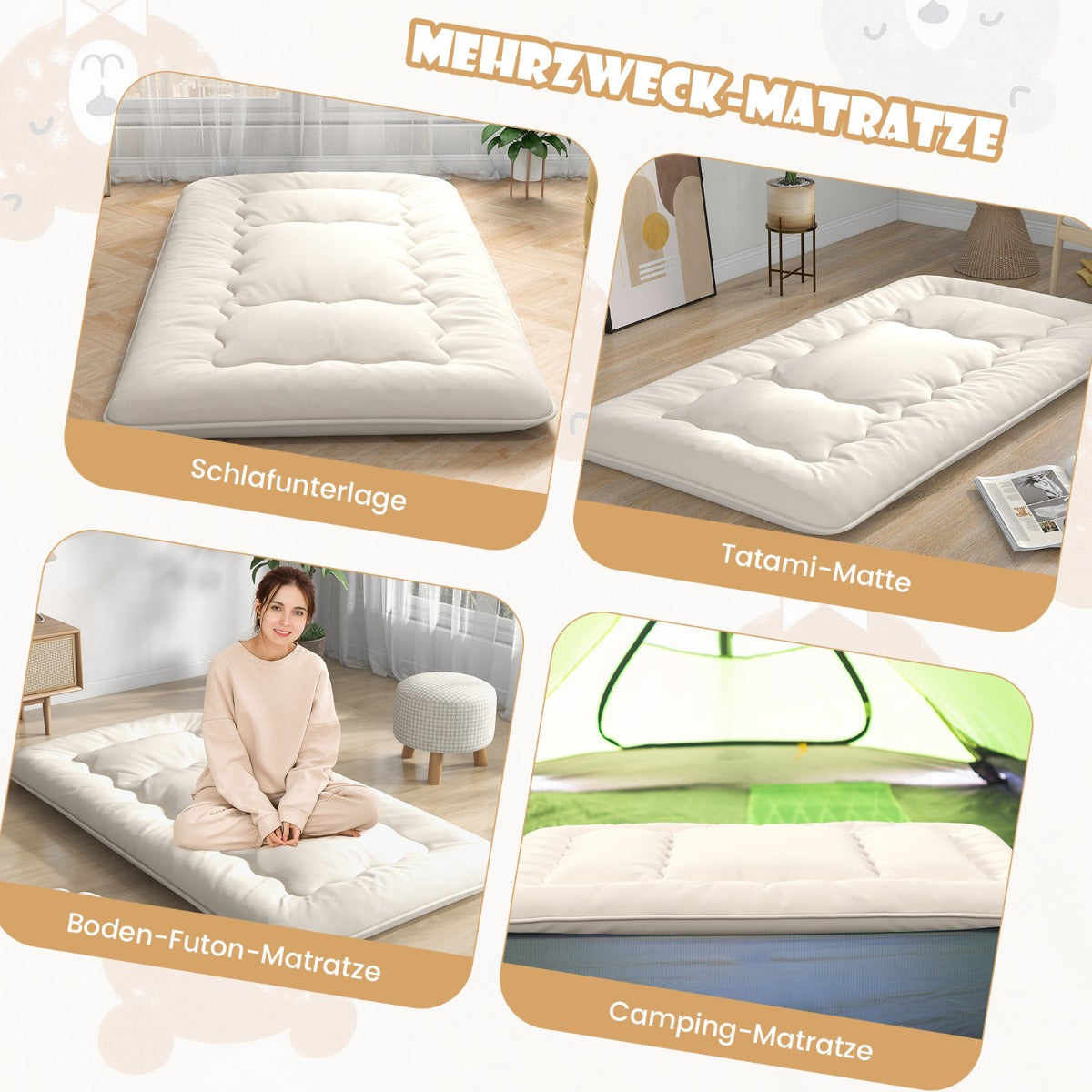 Japansk – futonmadrass Tatamimatta Golvmadrass Vikmadrass med tvättbart överdrag – 200 x 90 x 10 cm – Beige