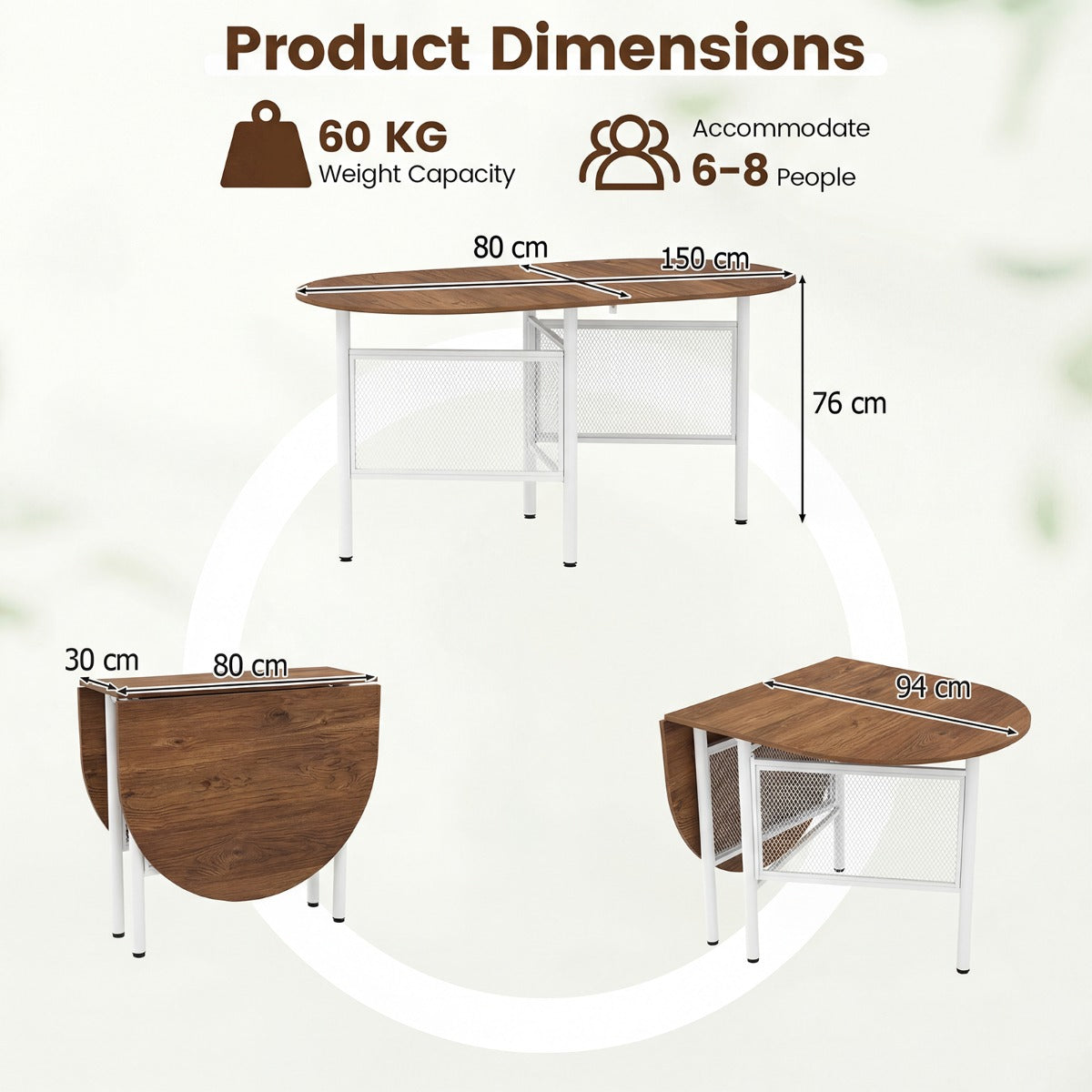 Fällbar – matsalsbord för personer Plattsparande fällbord Oval köksbord – 6-8 – Natur