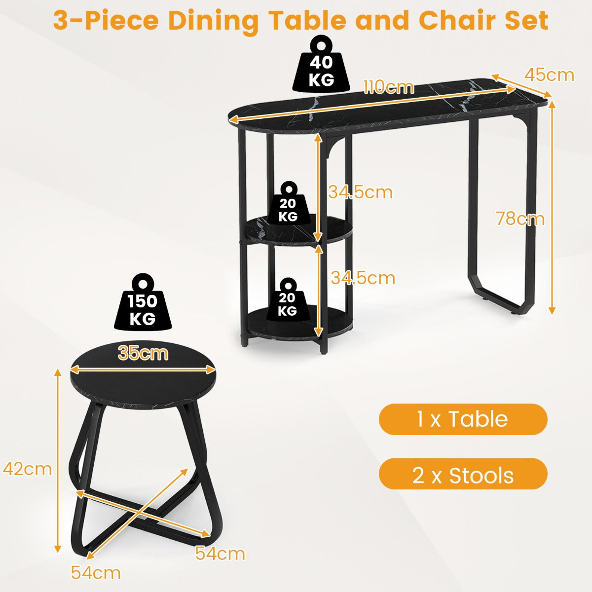 pcs – Industrial matsalsgrupp med trä metall köksbord och pallar Platsbesparande bistrogrupp – 3 2 – Svart