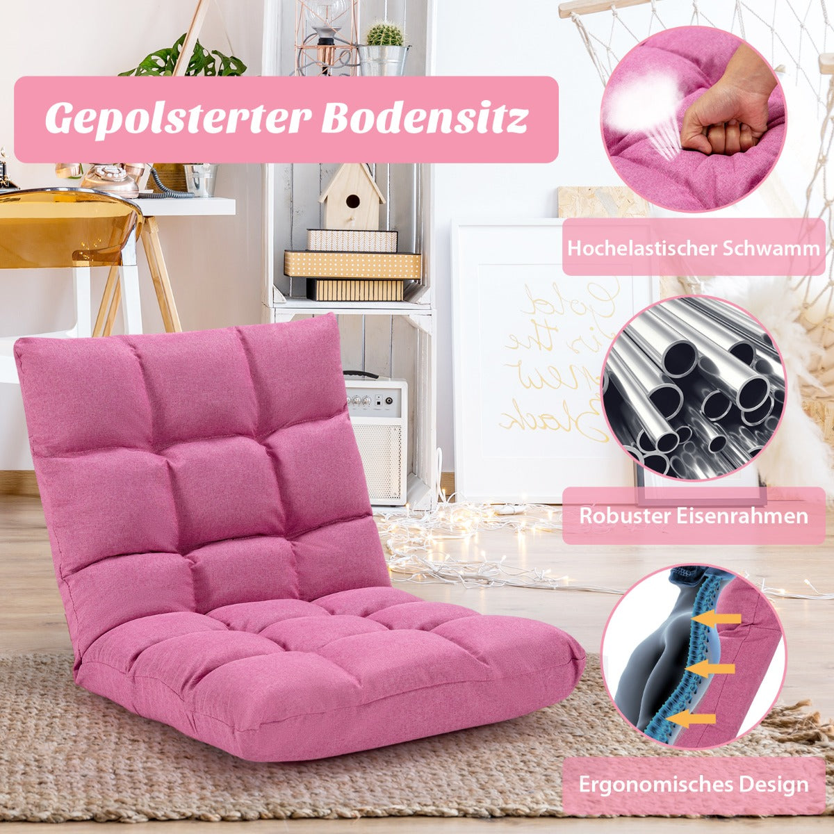 Golvstol – med vägs justerbart ryggstöd av skum Mörkrosa – 14 106,5 x 55,5 x 10 cm – Rosa