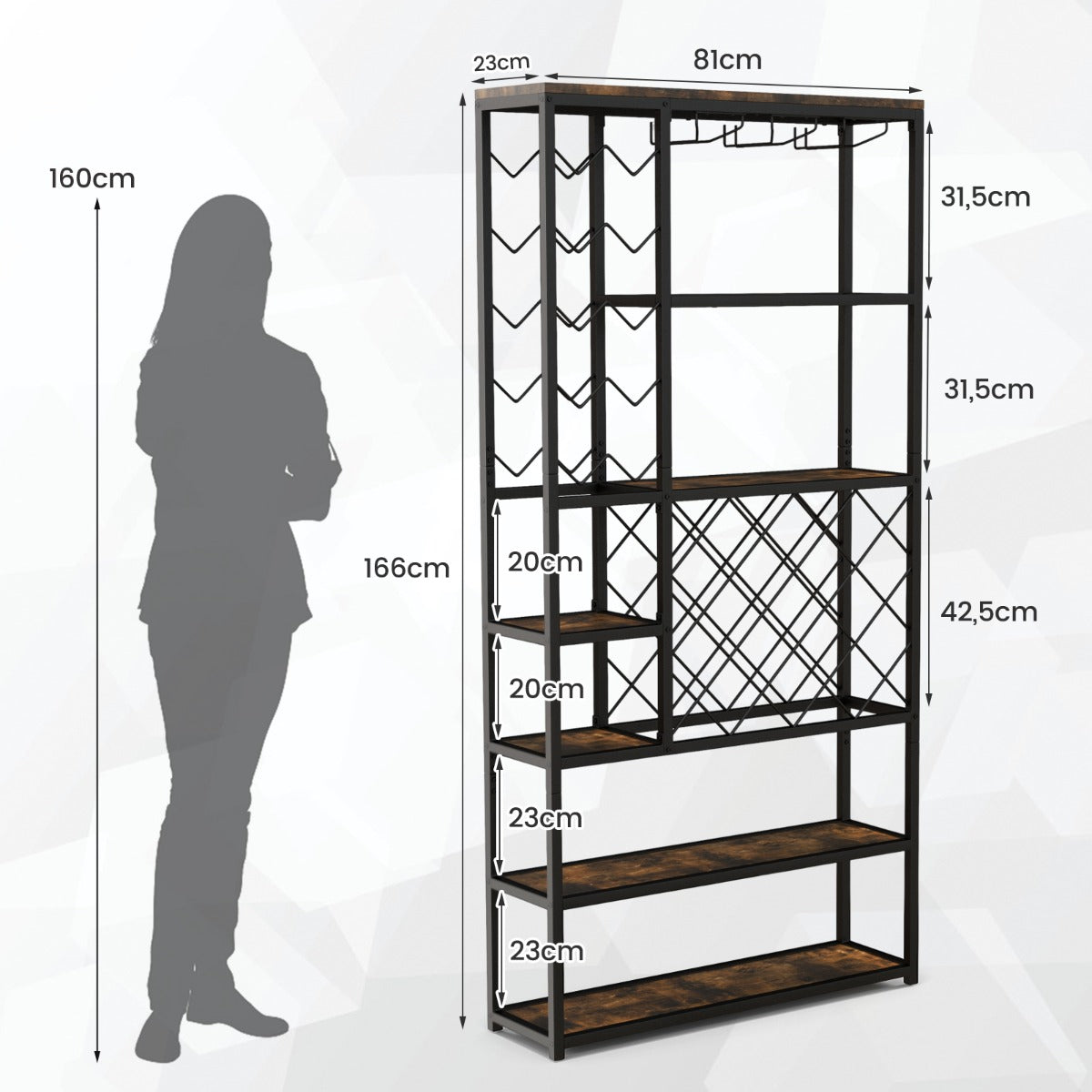 Vinställ – för flaskor av metall med glashållare barskåp – 27 81 x 23 x 166 cm – Svart