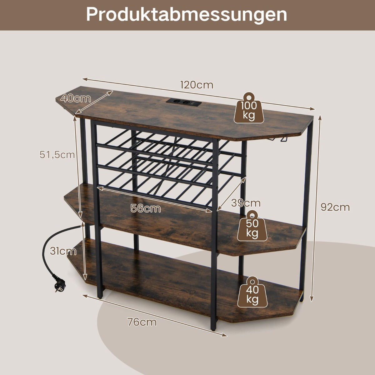 vånings – industriellt vinställ med uttag och flaskställ glashållare Vinbarsskåp – 3 – Brun