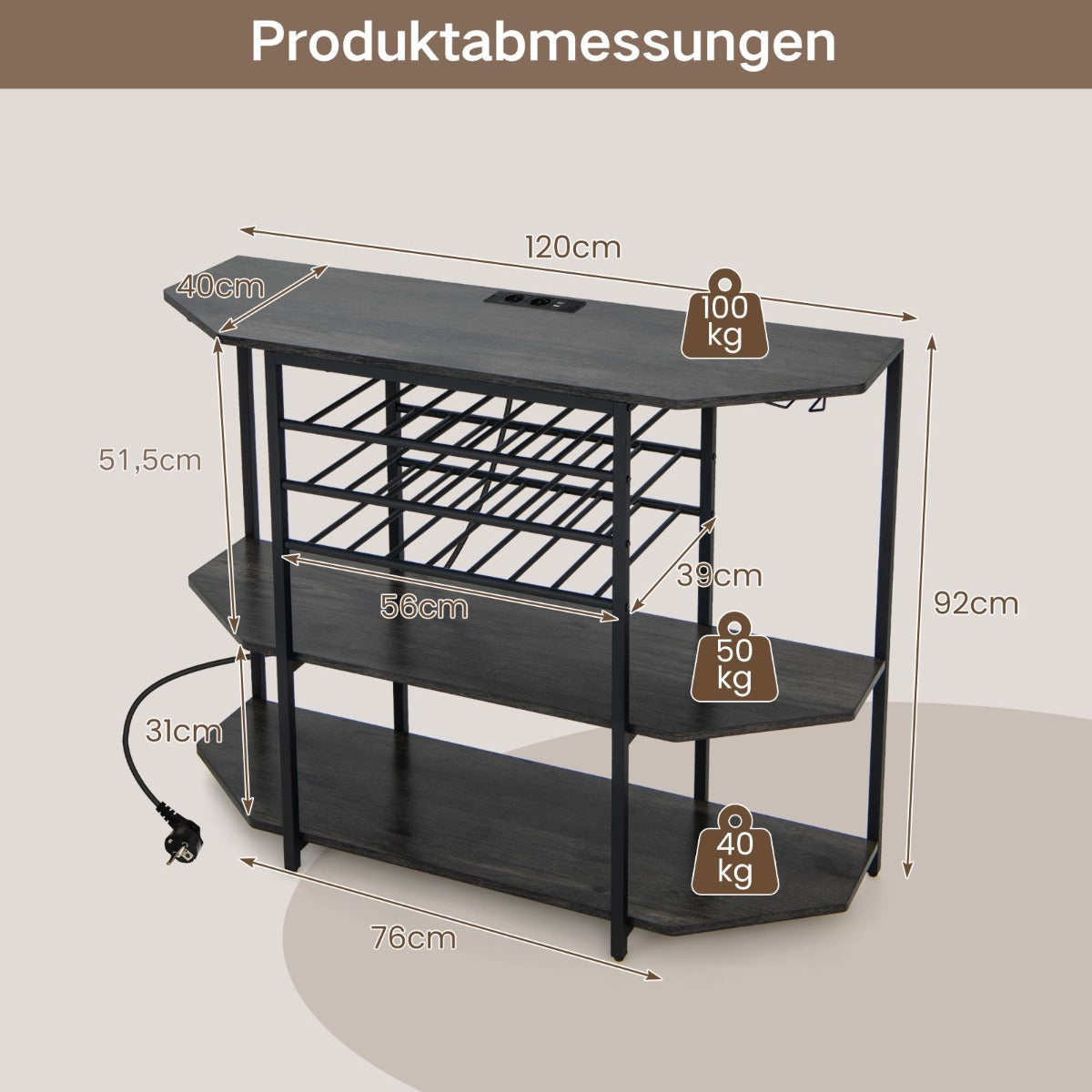 vånings – industriellt vinställ med uttag och flaskställ glashållare Vinbarsskåp – 3 – Grå