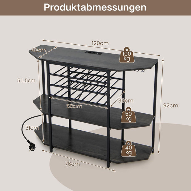 vånings – industriellt vinställ med uttag och flaskställ glashållare Vinbarsskåp – 3 – Grå