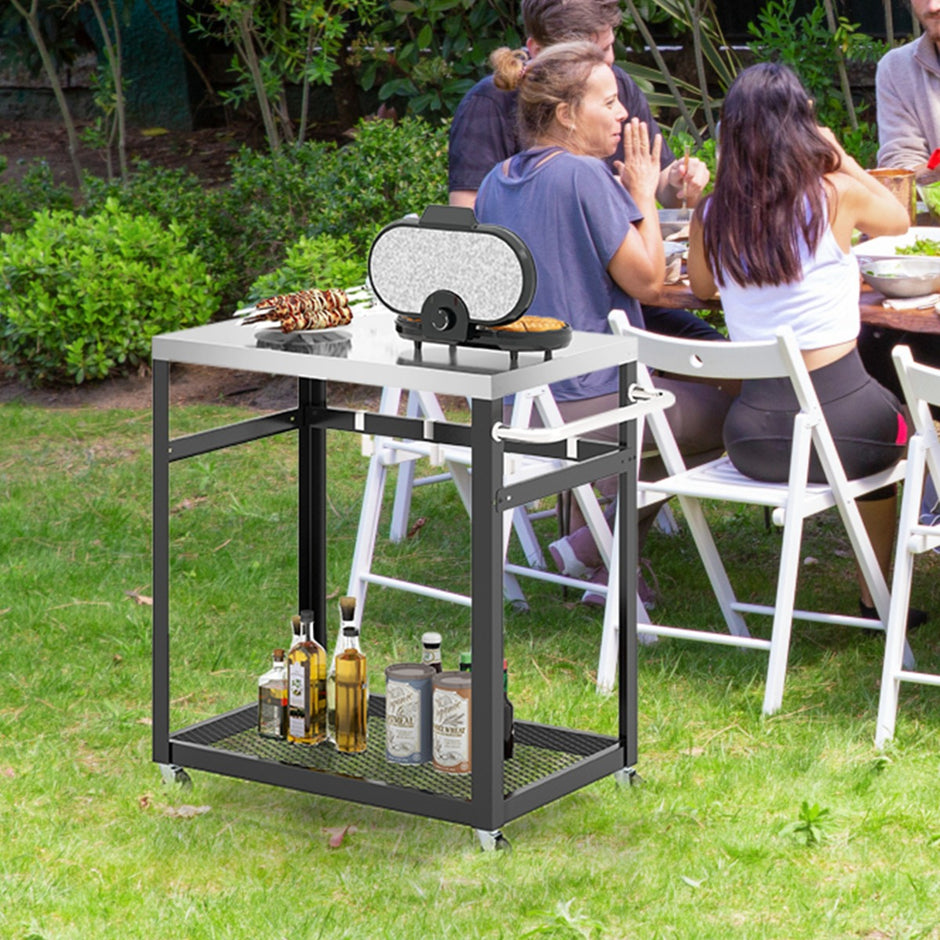 vånings – grillvagn i rostfritt stål med hjul och handtag krok Arbetsbord för utomhusvagnar – 2 – Svart