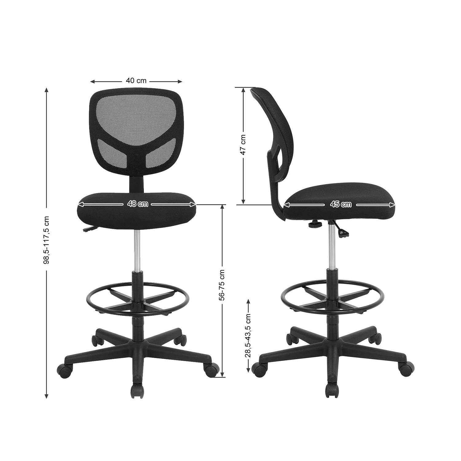 Office Stuhl - mit verstellbarem Fußring - Atmungsaktives Netzwerk - Schwarz