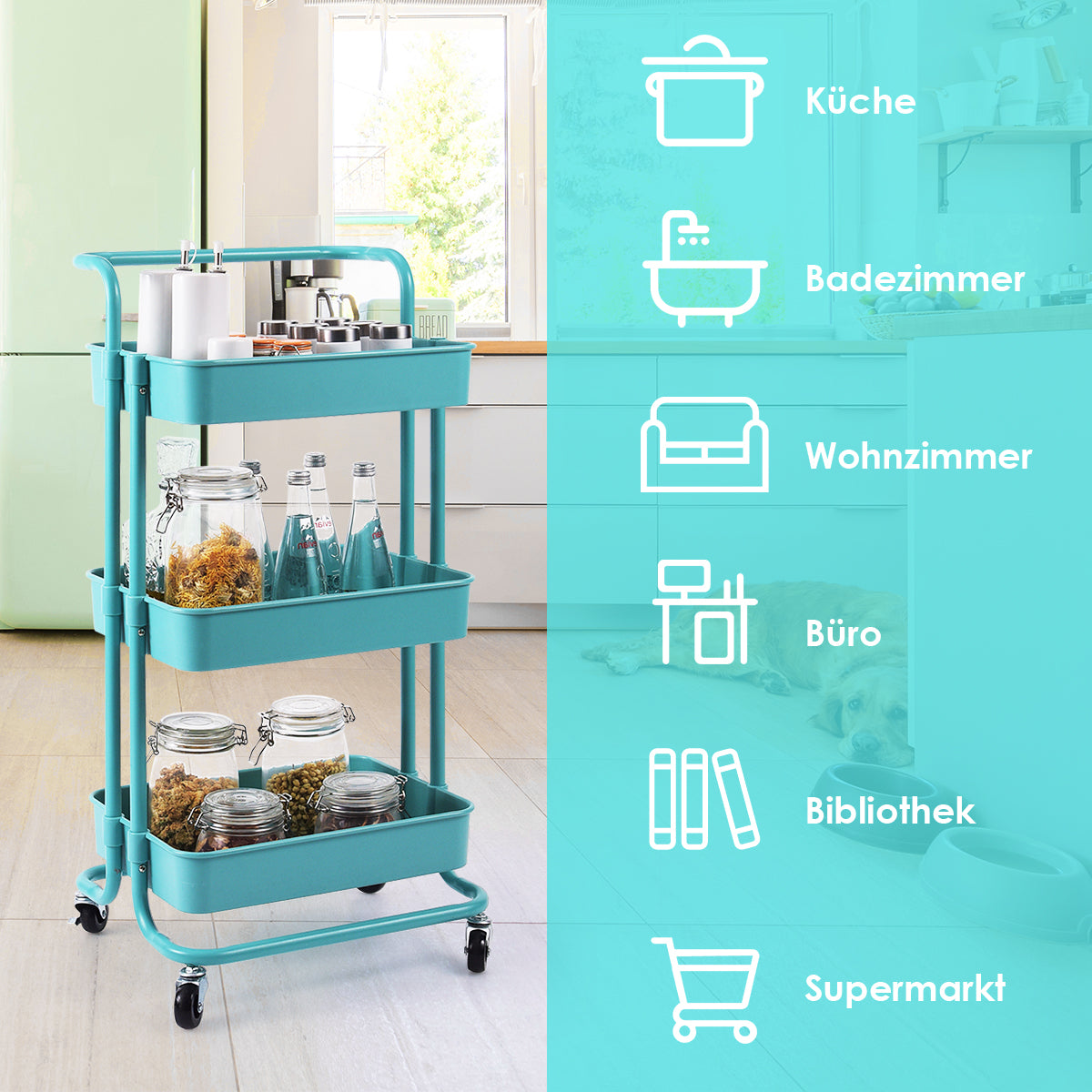 hyllor – Rullvagn Multifunktionsvagn med handtag Enkel montering – 3 – Turkos